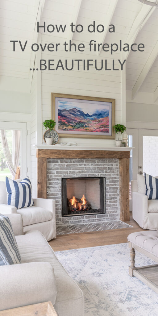 Disguised as artwork, this TV is hidden in plain sight over the fireplace in this farmhouse!