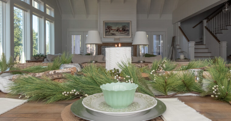 cozy winter table scape with cable knit, green and white.