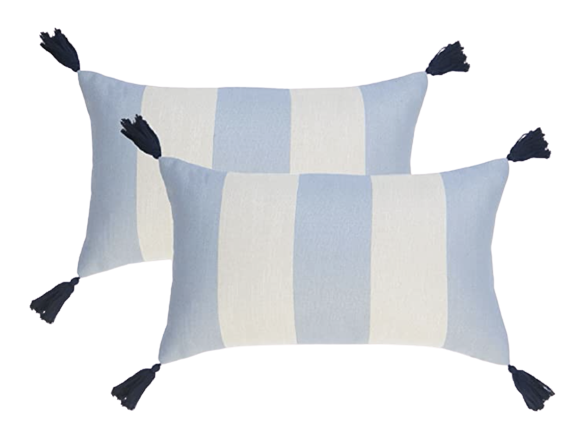 light blue cabana stripe pillow with navy tassels