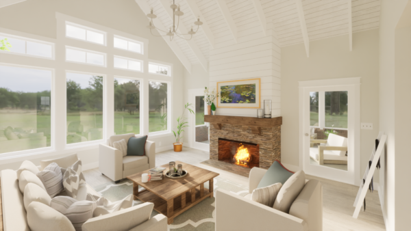 Photo of the Live Oak Farmhouse vaulted living room with furniture