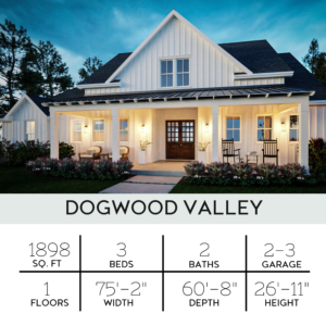 a chart showing that the dogwood valley plan has 3 bedrooms, 2 baths, a 2 03 3-car garage, and is 1898 square feet.