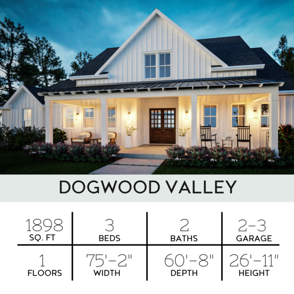 a chart showing that the dogwood valley plan has 3 bedrooms, 2 baths, a 2 03 3-car garage, and is 1898 square feet.