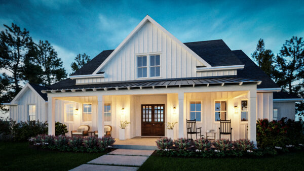 The dogwood Valley exterior at dusk with exposed rafters and a well-lit front porch