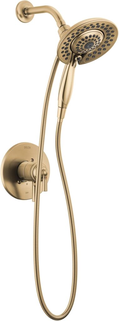 Delta shower head with detachable handheld wand, shower faucet, and shower head in champagne bronze